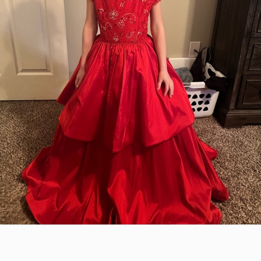 Sherri Hill Girls' Formal Red Tiered Ball Gown with Embellished Bodice